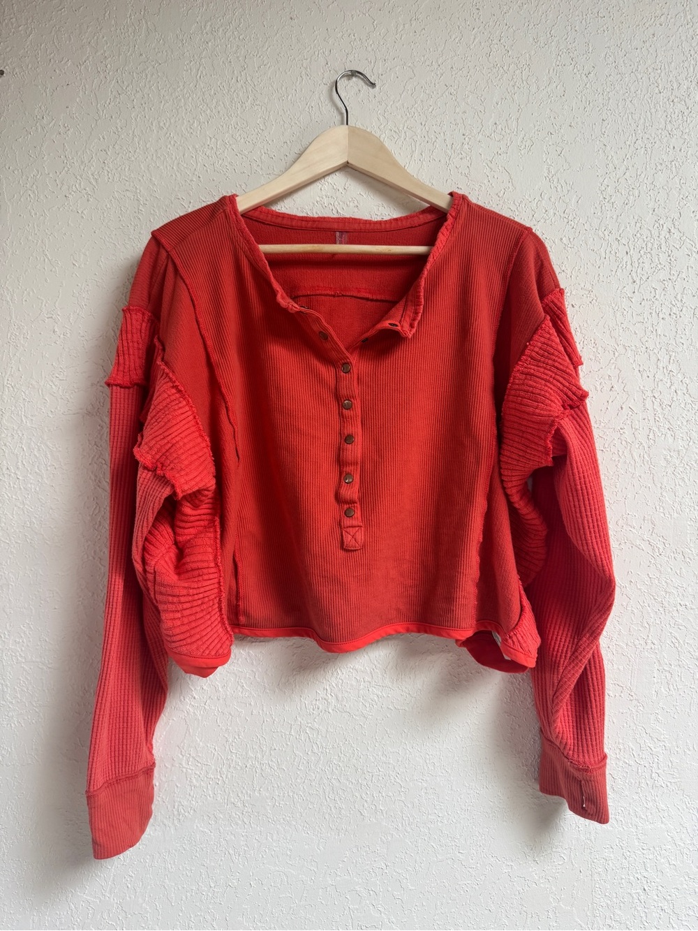 FP Movement by Free People Cropped Ribbed Henley Sweatshirt - Coral Red